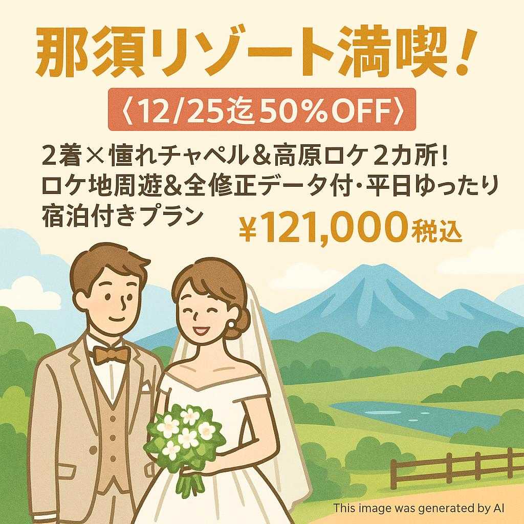 那須リゾート満喫!《12/25迄50%OFF》 2着×憧れチャペル&高原ロケ2カ所!ロケ地周遊&全修正データ付・平日ゆったり宿泊付きプラン ¥121,000税込