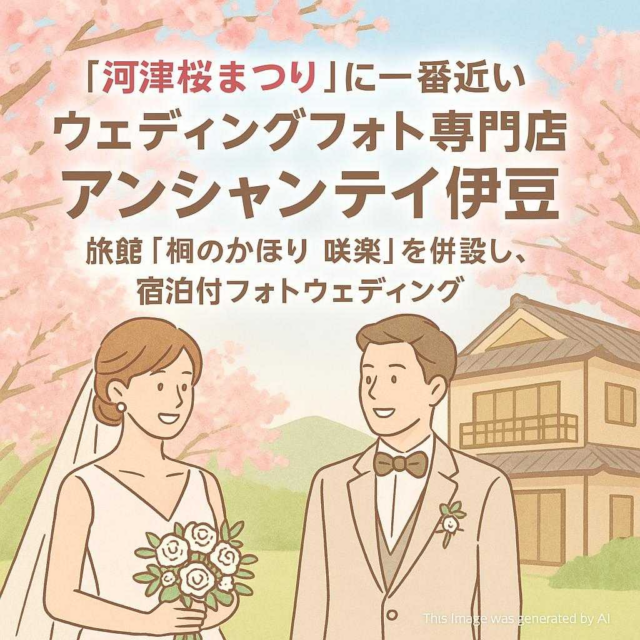 「河津桜まつり」に一番近い ウェディングフォト専門店 アンシャンテ伊豆 旅館「桐のかほり 咲楽」を併設し、宿泊付フォトウェディング