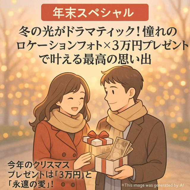 【年末スペシャル】冬の光がドラマティック！憧れのロケーションフォト×3万円プレゼントで叶える最高の思い出 今年のクリスマスプレゼントは「3万円」と「永遠の愛」！	投稿