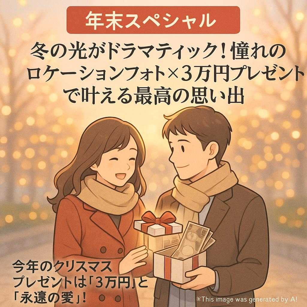 【年末スペシャル】冬の光がドラマティック!憧れのロケーションフォト×3万円プレゼントで叶える最高の思い出 今年のクリスマスプレゼントは「3万円」と「永遠の愛」! 投稿