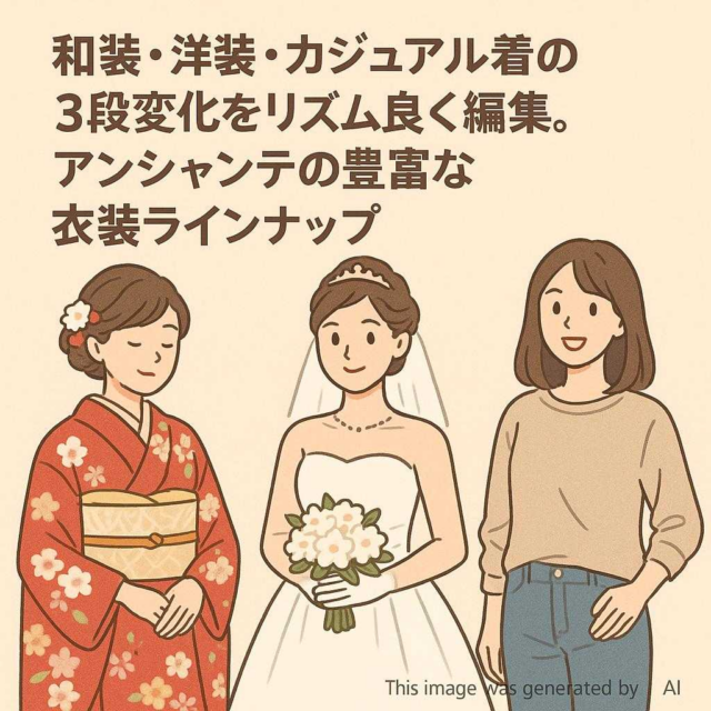 和装・洋装・カジュアル着の3段変化をリズム良く編集。アンシャンテの豊富な衣装ラインナップ