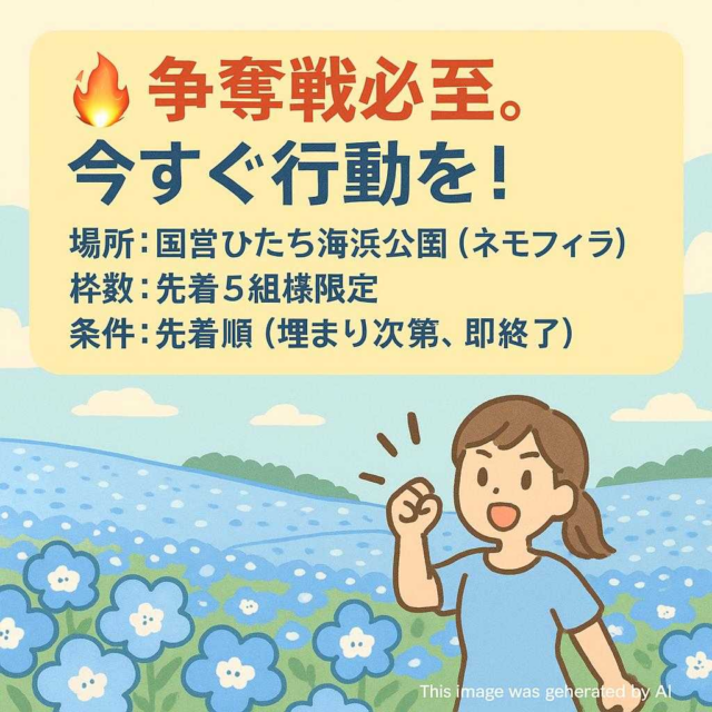🔥 争奪戦必至。今すぐ行動を！  場所： 国営ひたち海浜公園（ネモフィラ）  枠数： 先着5組様限定  条件： 先着順（埋まり次第、即終了）