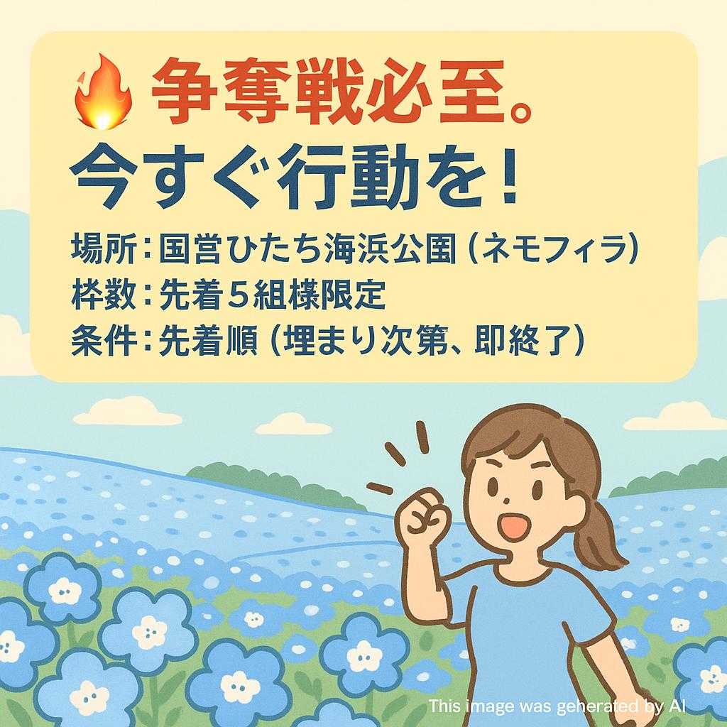 🔥 争奪戦必至。今すぐ行動を！  場所： 国営ひたち海浜公園（ネモフィラ）  枠数： 先着5組様限定  条件： 先着順（埋まり次第、即終了）