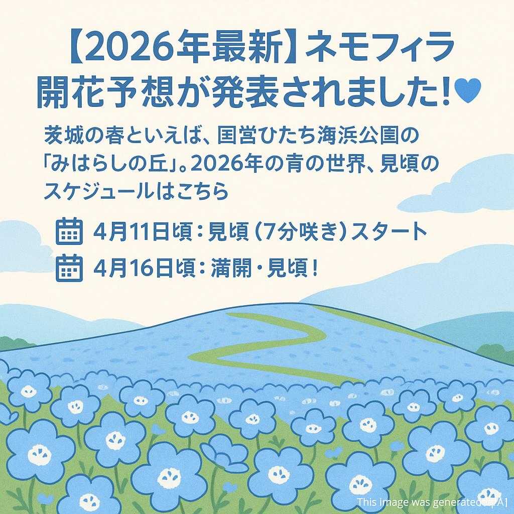 【2026年最新】ネモフィラ開花予想が発表されました！💙  茨城の春といえば、国営ひたち海浜公園の「みはらしの丘」。 2026年の青の世界、見頃のスケジュールはこちら👇  🗓️ 4月11日頃：見頃（7分咲き）スタート 🗓️ 4月16日頃：満開・見頃！