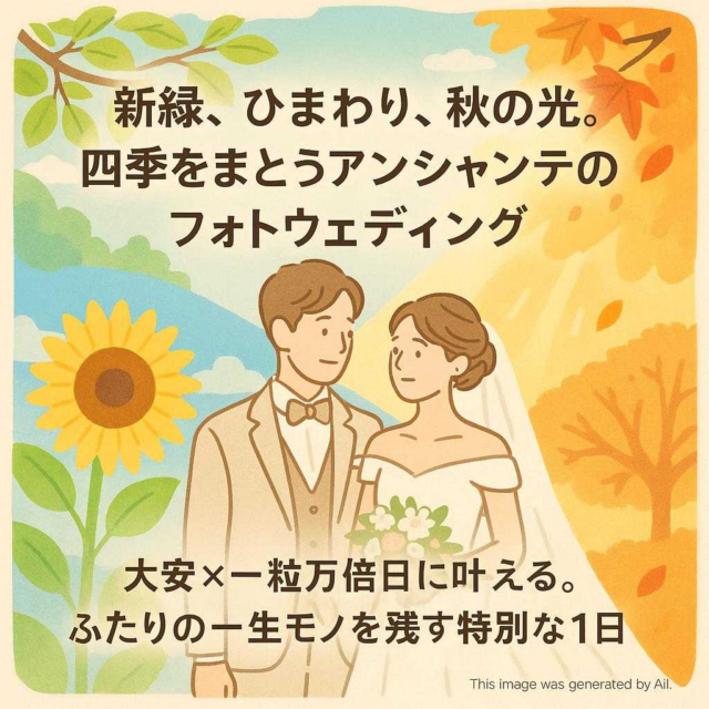 「新緑、ひまわり、秋の光。四季をまとうアンシャンテのフォトウェディング」  「大安×一粒万倍日に叶える。ふたりの一生モノを残す特別な1日」