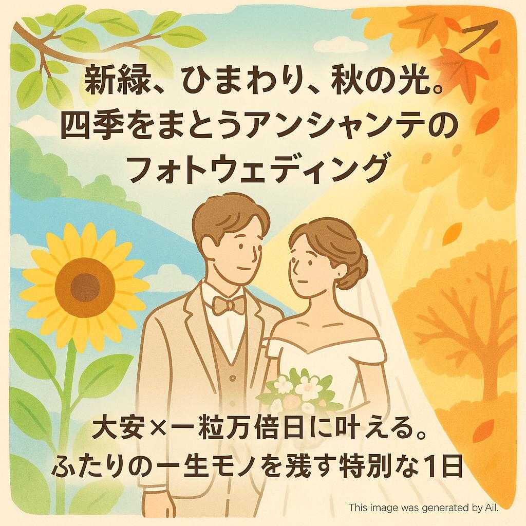 「新緑、ひまわり、秋の光。四季をまとうアンシャンテのフォトウェディング」 「大安×一粒万倍日に叶える。ふたりの一生モノを残す特別な1日」