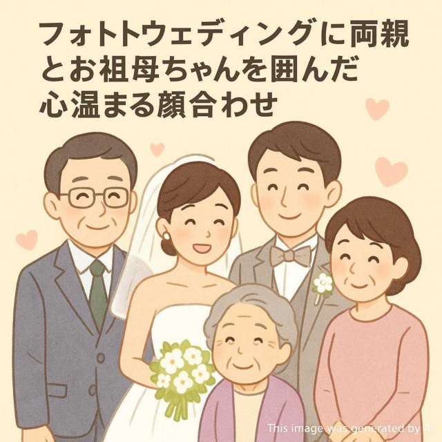 フォトウェディングに両親とお祖母ちゃんを囲んだ心温まる顔合わせ