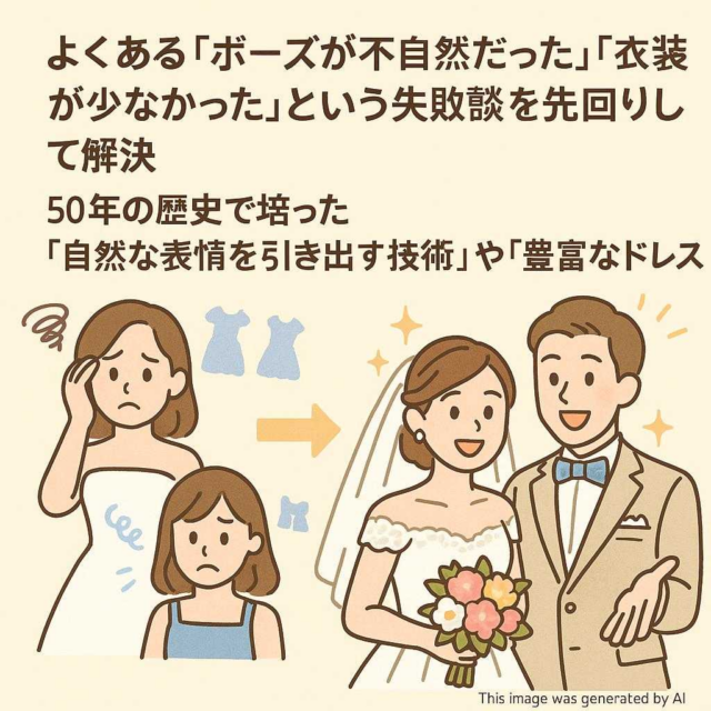 よくある「ポーズが不自然だった」「衣装が少なかった」という失敗談を先回りして解決。50年の歴史で培った「自然な表情を引き出す技術」や「豊富なドレス」