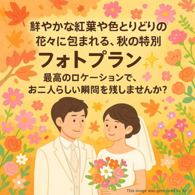 鮮やかな紅葉や色とりどりの花々に包まれる、秋の特別フォトプラン✨ 最高のロケーションで、お二人らしい瞬間を残しませんか？