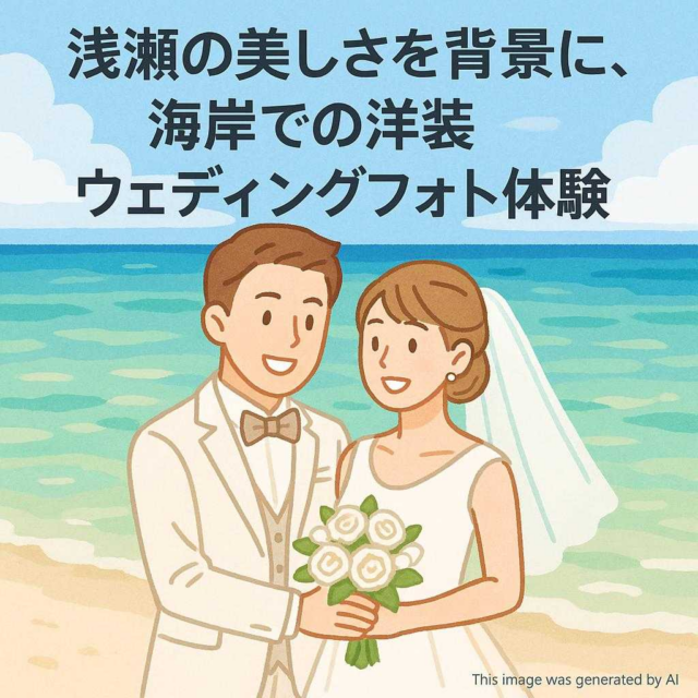 浅瀬の美しさを背景に、海岸での洋装ウェディングフォト体験