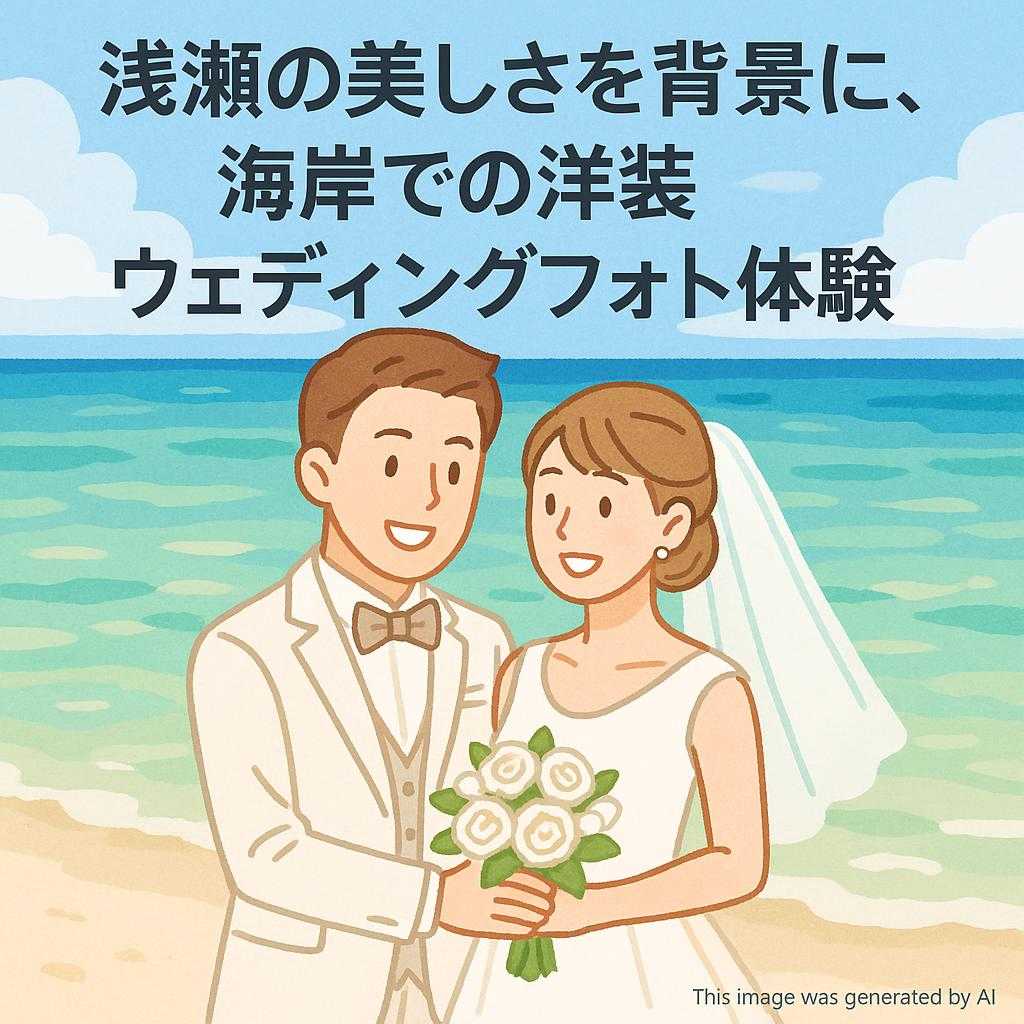 浅瀬の美しさを背景に、海岸での洋装ウェディングフォト体験