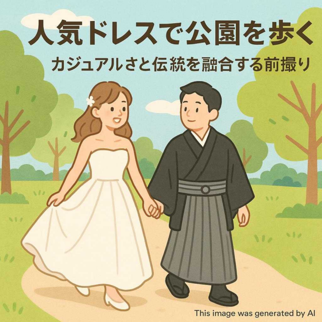 人気ドレスで公園を歩く！カジュアルさと伝統を融合する前撮り