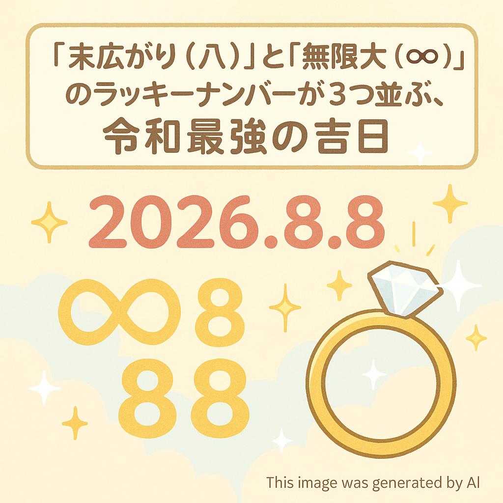 「末広がり(八)」と「無限大(∞)」のラッキーナンバーが3つ並ぶ、令和最強の吉日【2026.8.8】💍✨