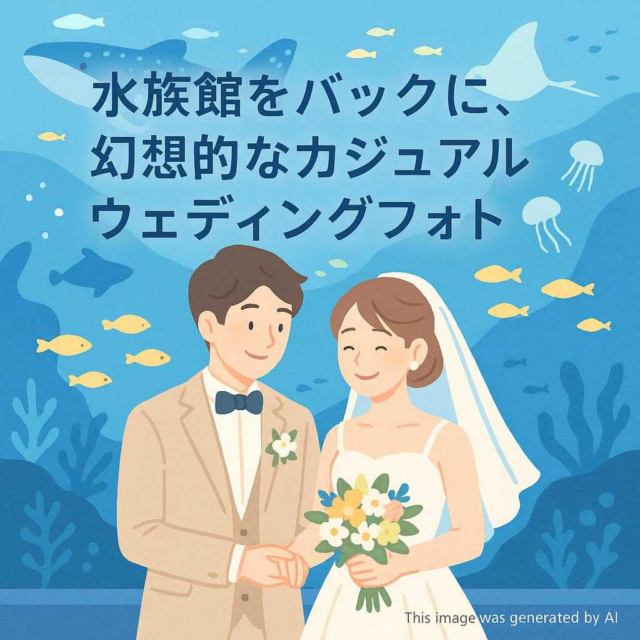 水族館をバックに、幻想的なカジュアルウェディングフォト