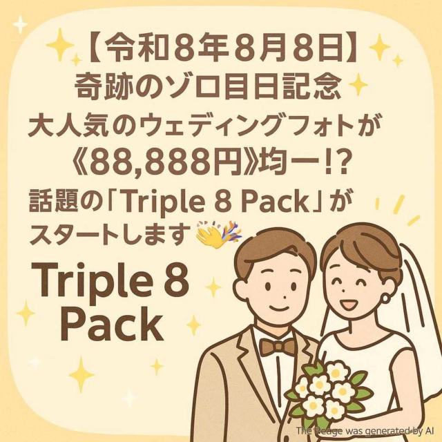 ✨【令和8年8月8日】奇跡のゾロ目日記念✨ 大人気のウェディングフォトが《88,888円》均一！？ 話題の『Triple 8 Pack』がスタートします👏🎉