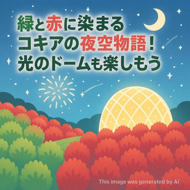 緑と赤に染まるコキアの夜空物語！光のドームも楽しもう