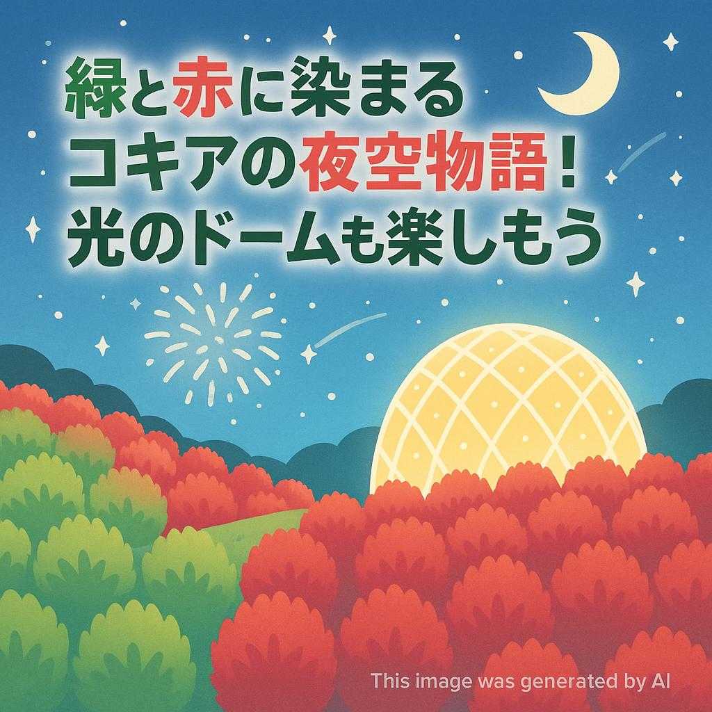 緑と赤に染まるコキアの夜空物語!光のドームも楽しもう